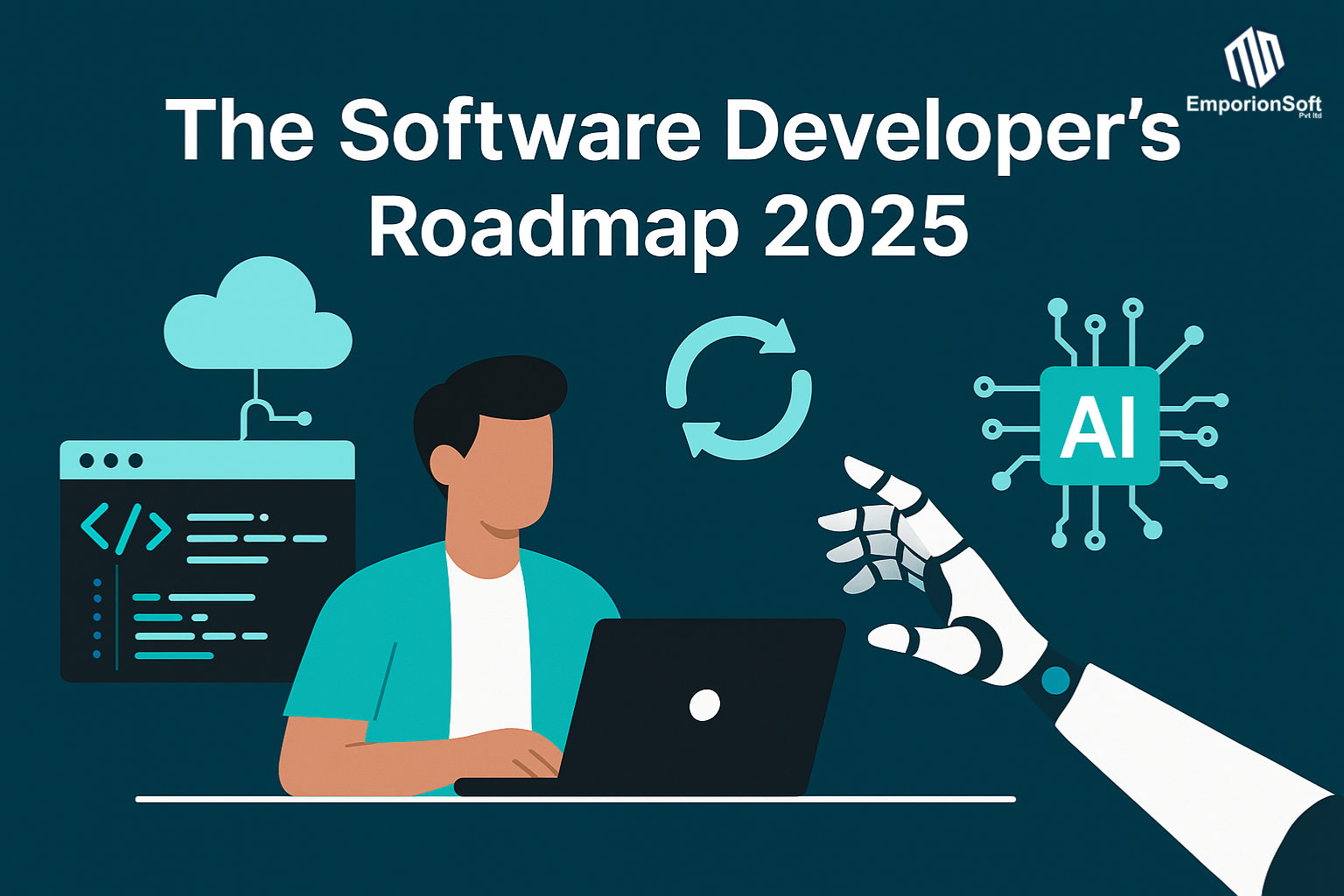 Illustration showing The Software Developer's Roadmap 2025 with icons of cloud, AI, code, DevOps, and tools representing top tech skills and technologies