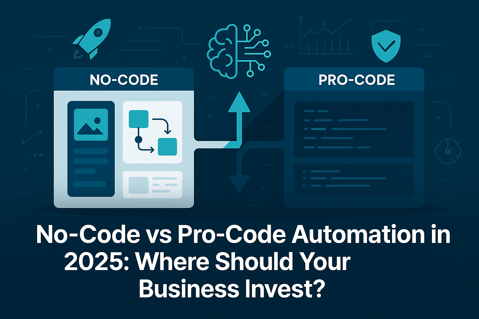 Illustration comparing no-code vs pro-code automation in 2025, showing business workflows, AI automation, and enterprise scalability