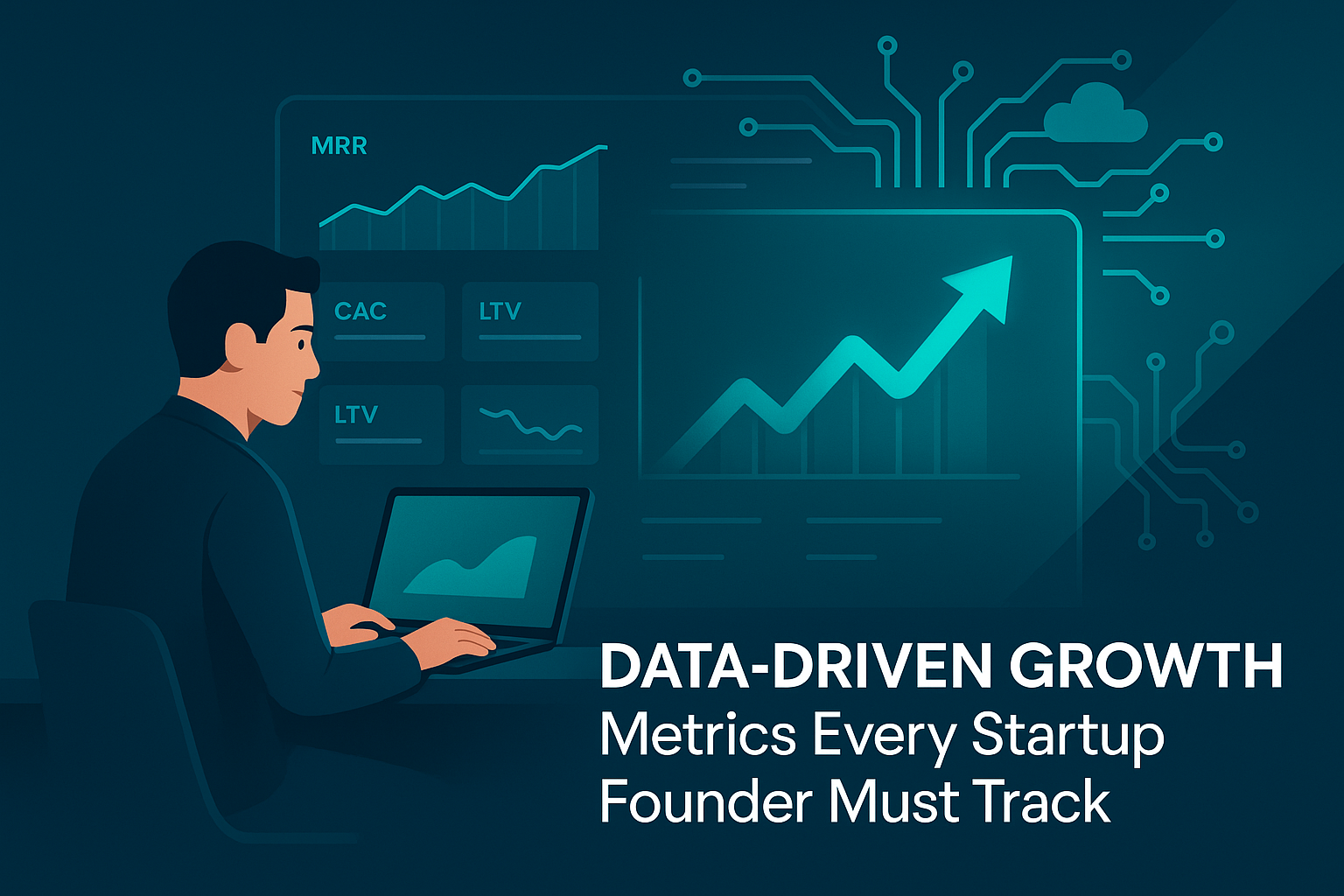 Startup growth metrics dashboard showing MRR, CAC, LTV, and churn data visualisation for data-driven decision-making by founders