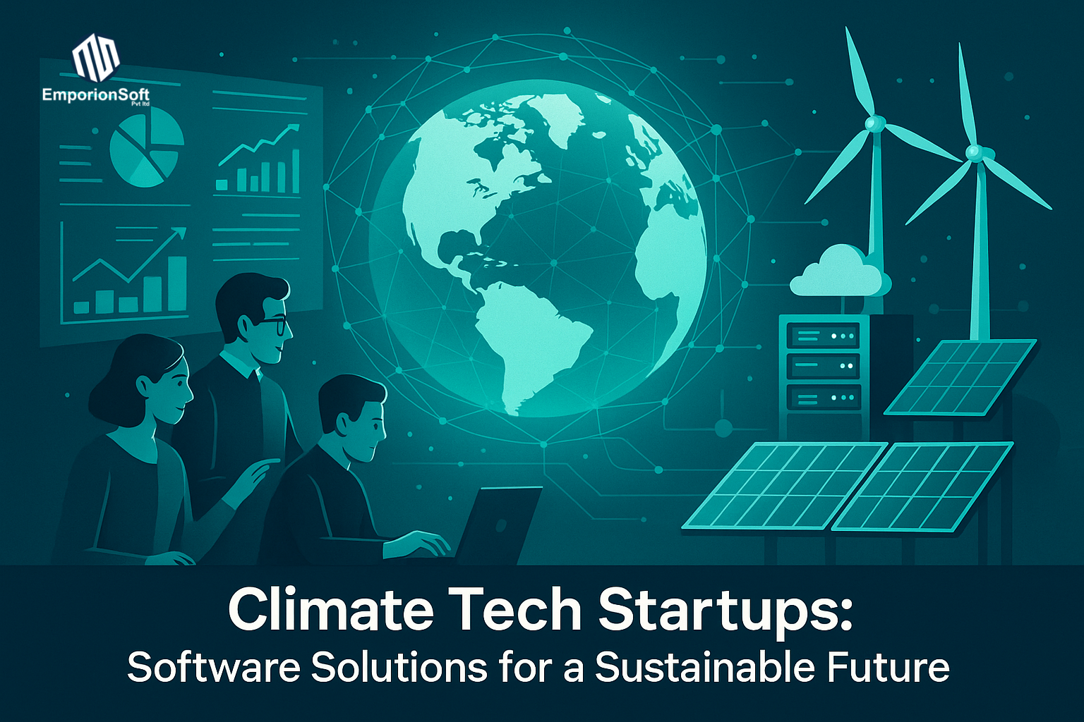 Digital illustration of climate tech startups using AI, renewable energy, and cloud-based software for sustainable innovation in the UK