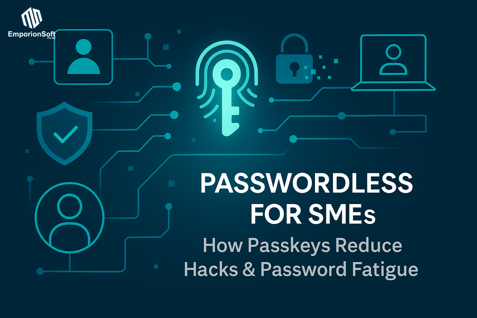 Illustration showing passwordless authentication for small business — glowing digital passkey with biometric login, AI-driven identity verification, and cybersecurity network graphics