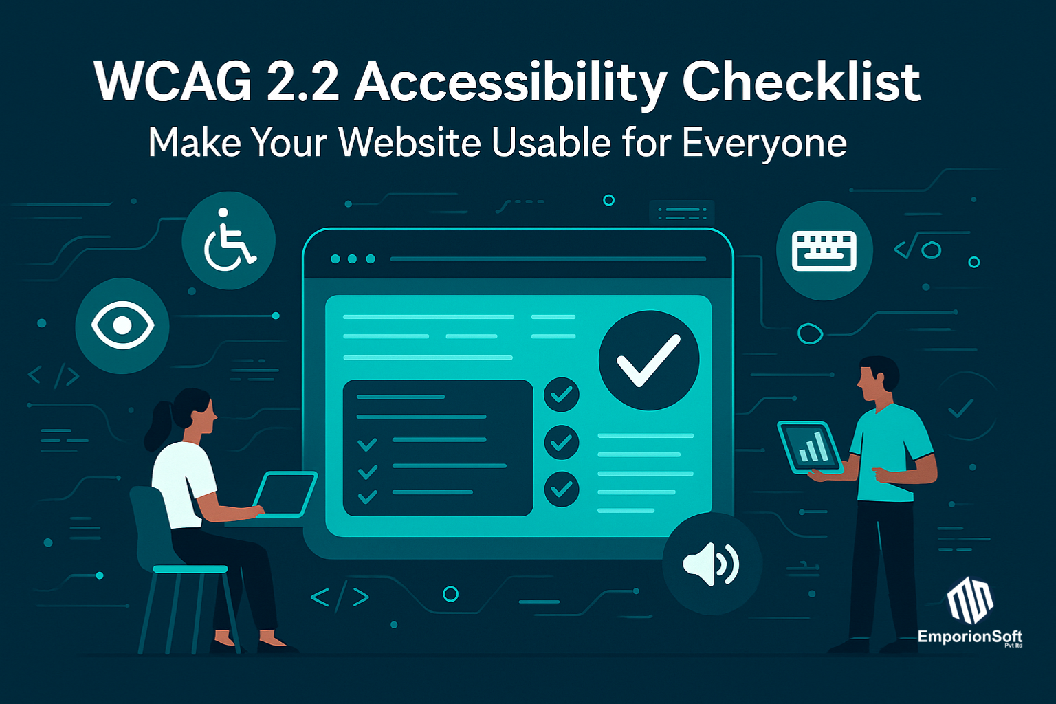 Illustration showing the WCAG 2.2 accessibility checklist concept — inclusive web design, compliance, and digital accessibility for everyone