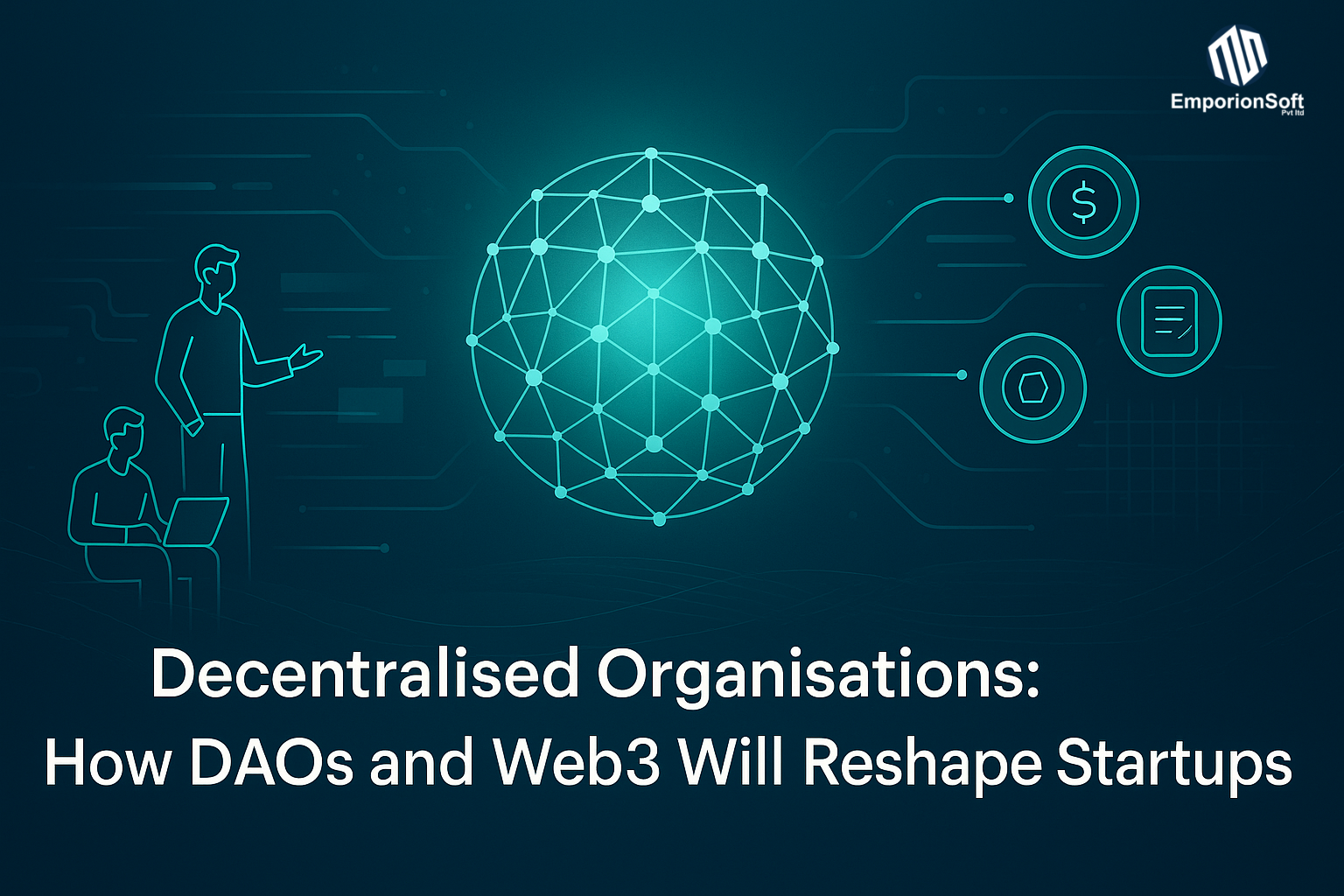 Digital illustration of DAOs and Web3 in Pakistan, showing decentralised governance, blockchain innovation, and startup collaboration in a futuristic light-theme palette