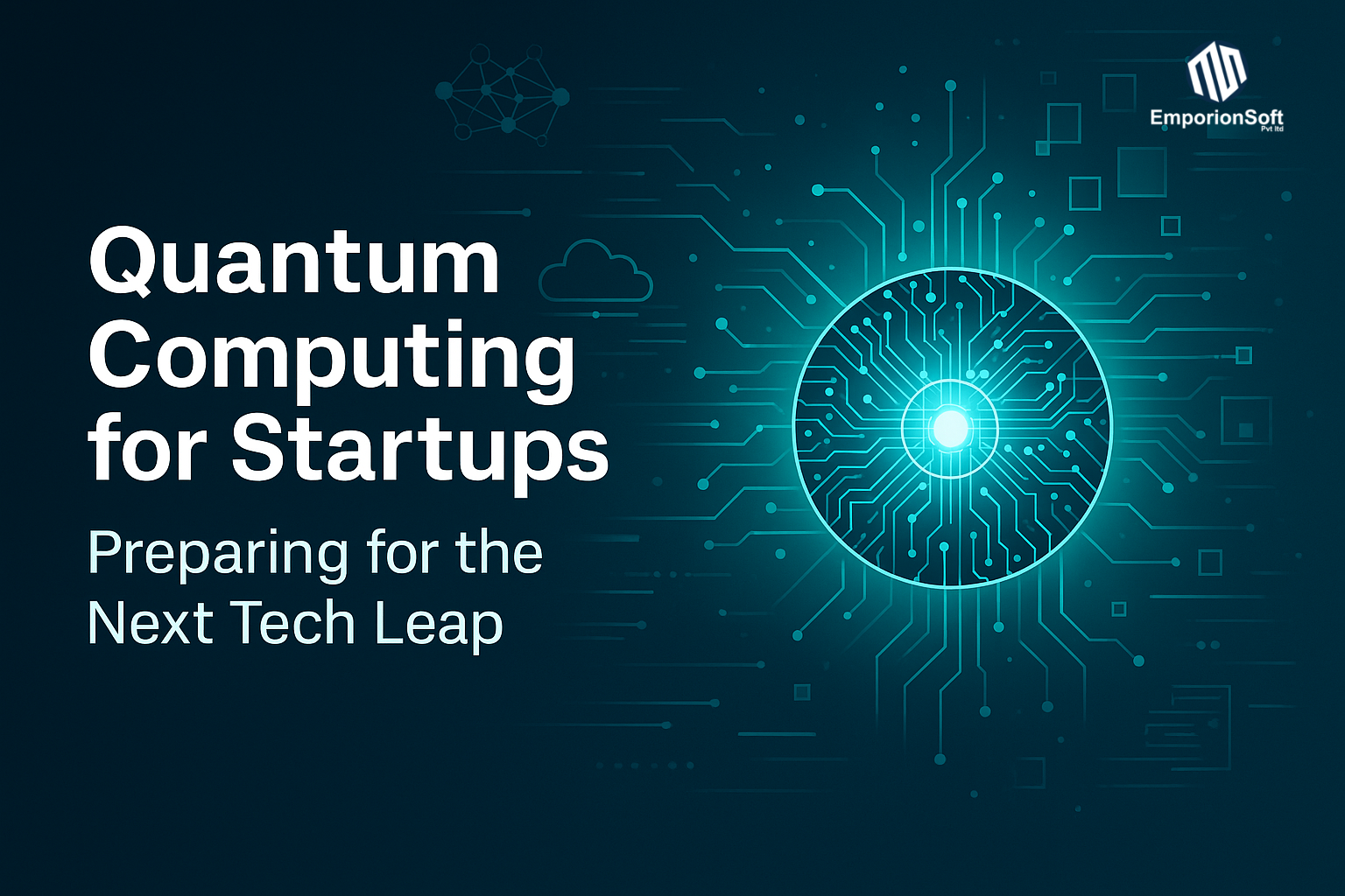 Quantum computing for startups – futuristic digital illustration showing AI-driven data networks, qubits, and glowing circuits representing innovation and hybrid systems