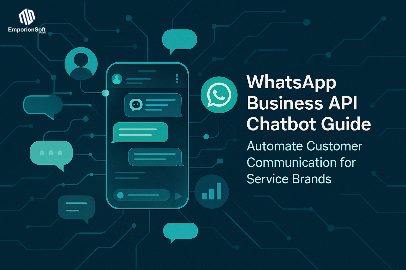 Illustration showing WhatsApp Business API chatbot guide concept with digital automation flow, business messaging icons, and AI-driven communication dashboard.