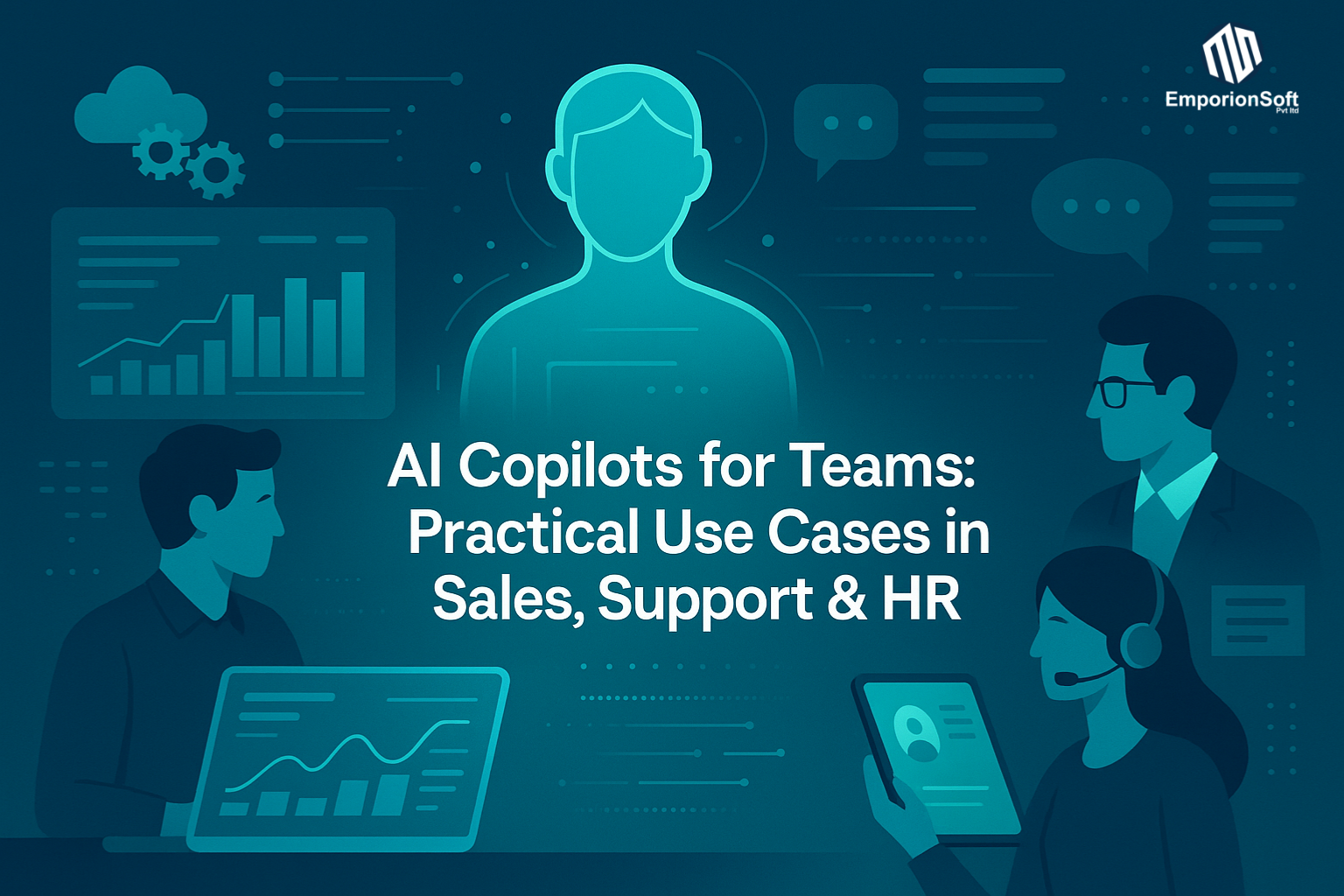 Professional digital illustration showing AI copilots for small business collaborating with human teams in sales, customer support, and HR — representing EmporionSoft’s AI automation solutions.