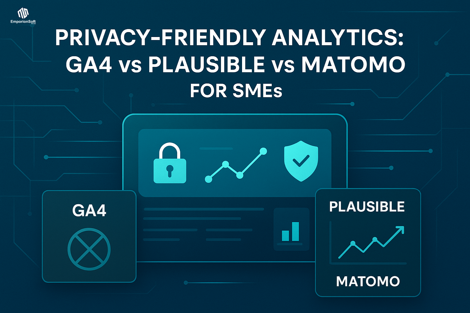 Digital illustration showing dashboard comparison of GA4, Plausible, and Matomo for SMEs — privacy friendly analytics comparison concept, EmporionSoft brand palette