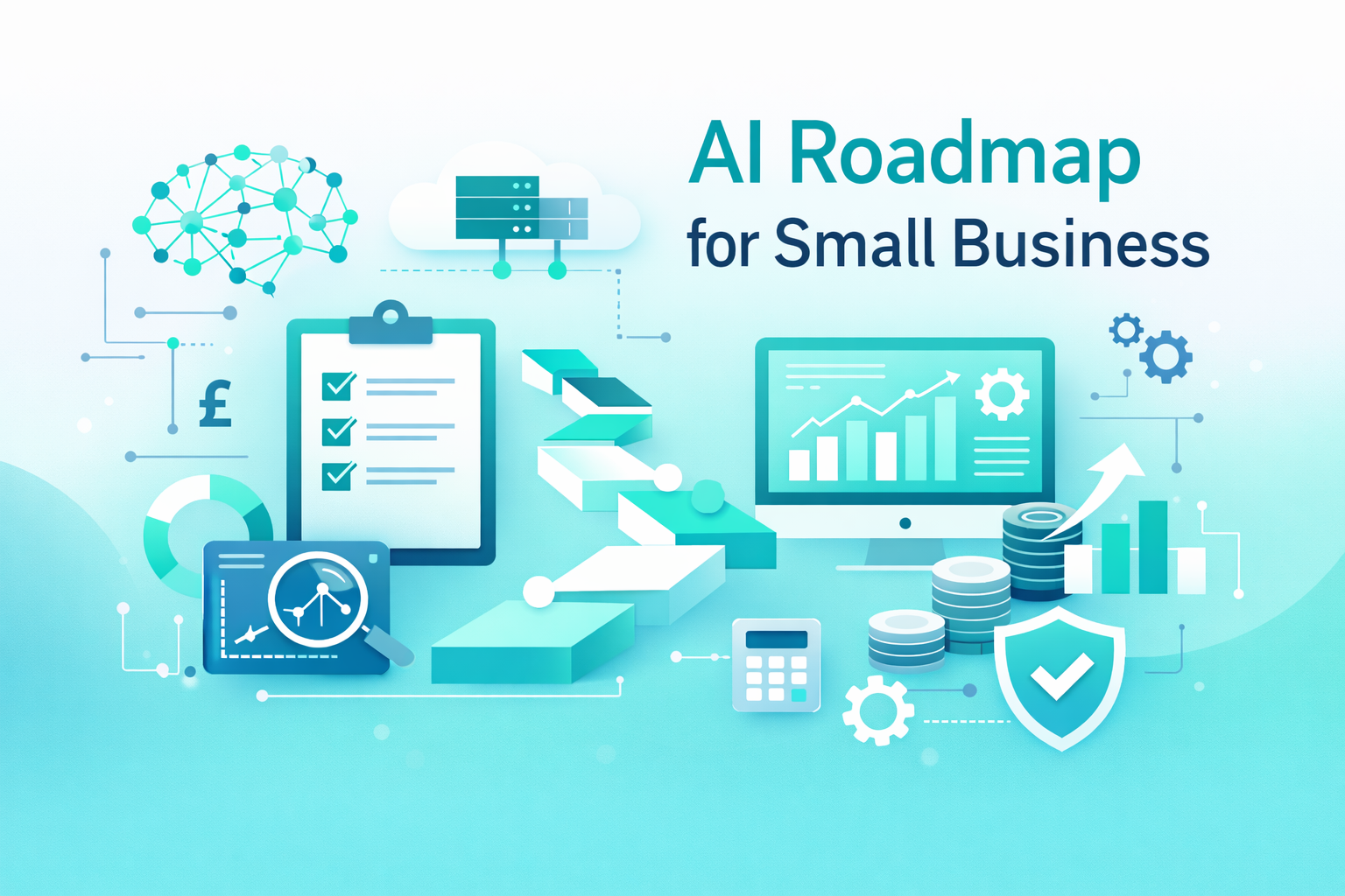 Illustration showing a small business team planning an AI roadmap for small business growth using cloud-based tools, data insights, and scalable digital processes