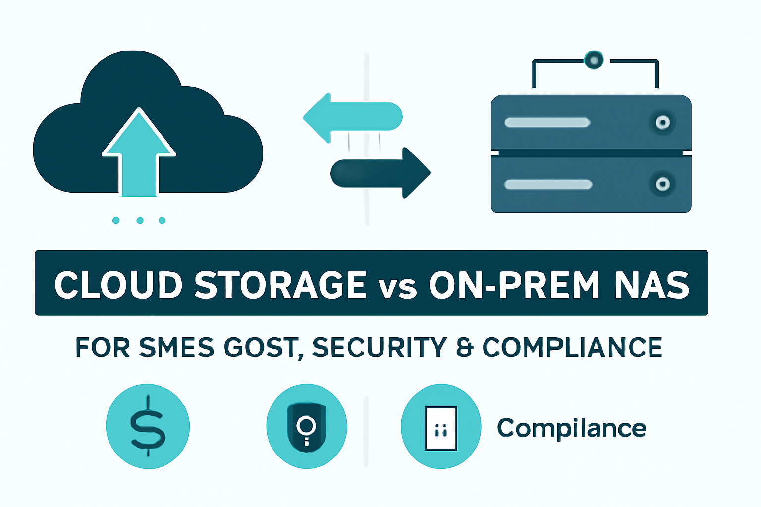 Alt Text: Cloud storage vs NAS for small business comparison with icons representing cost, security, and compliance for SMEs.
