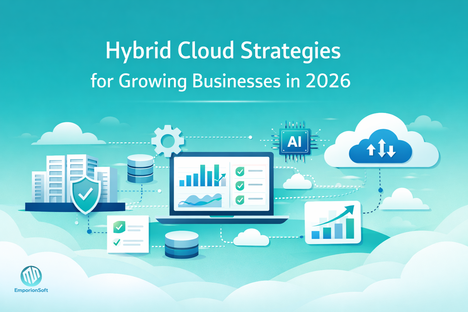 Illustration showing hybrid cloud strategies connecting private infrastructure and public cloud platforms for scalable business growth