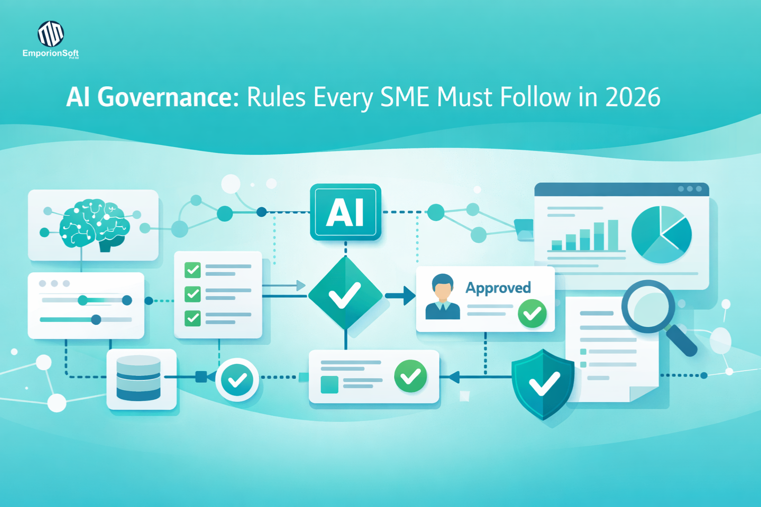 Business leaders reviewing AI governance for SMEs with data dashboards, policy documents, and human oversight in a modern office setting