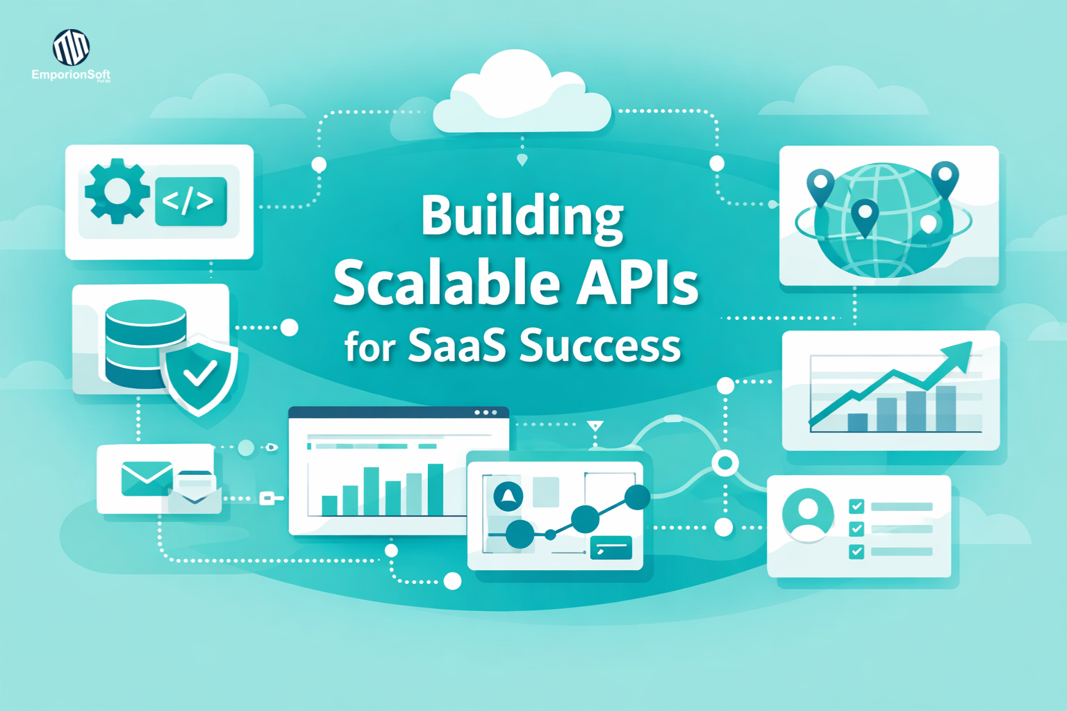 Illustration showing scalable APIs for SaaS platforms with interconnected services, data flows, and reliable system architecture supporting business growth