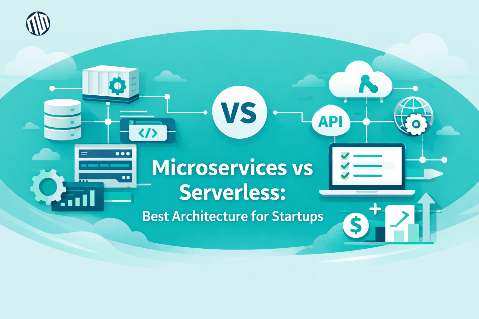 Diagram illustrating microservices vs serverless architecture with containers, cloud services, and scalable system components for startups