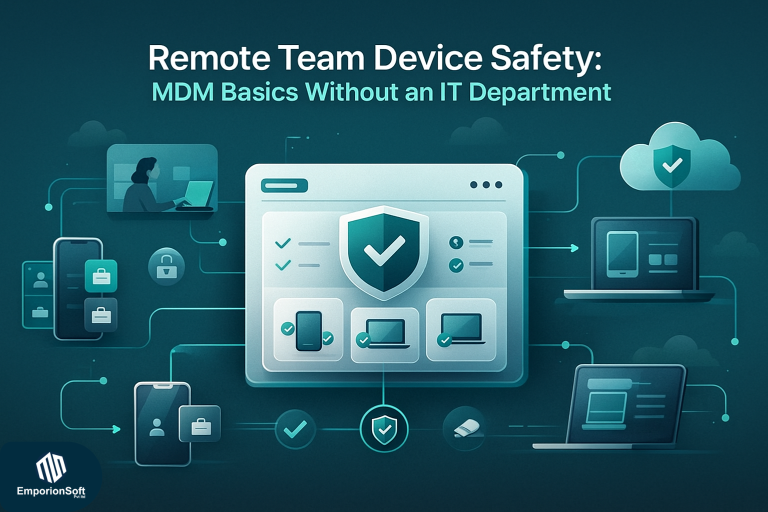 Featured image showing mobile device management for small business with secure remote team devices, cloud-based controls, and MDM dashboard illustration.
