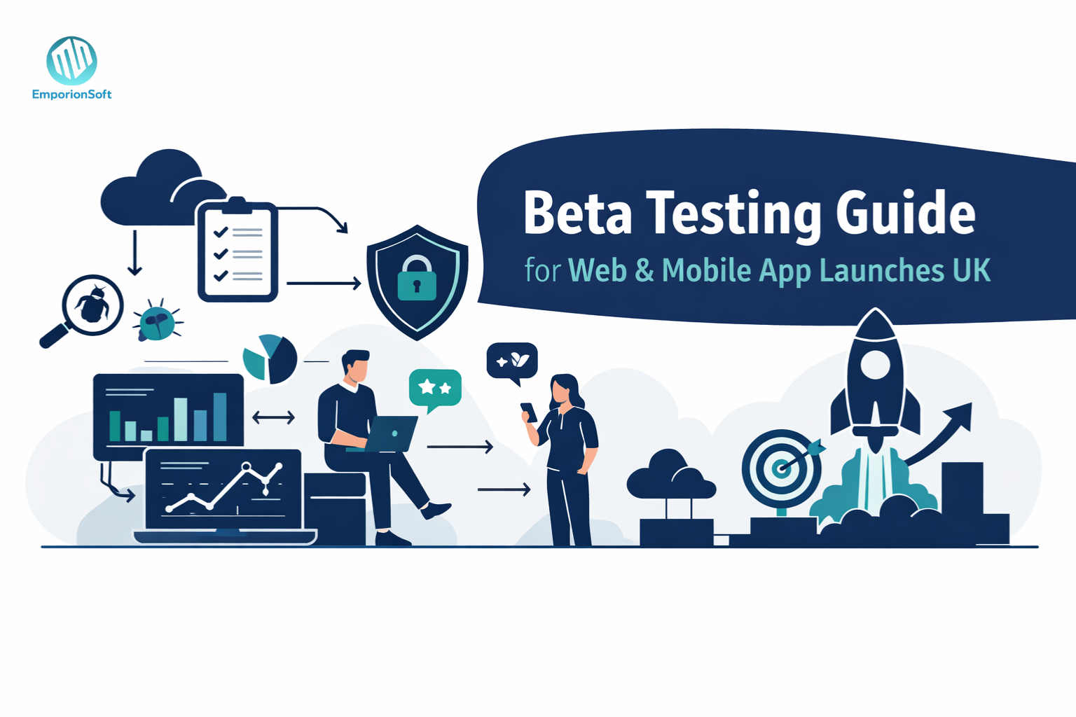 Illustration showing a beta testing guide workflow with users testing a web and mobile app, feedback loops, analytics dashboards, and release readiness checks.