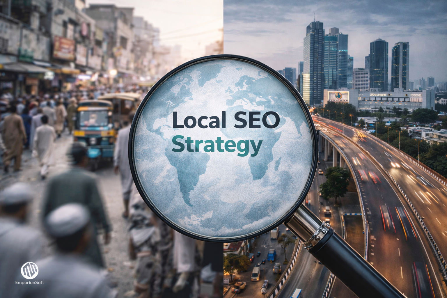 City skyline with digital search overlay illustrating Local SEO Pakistan tech strategy for software companies