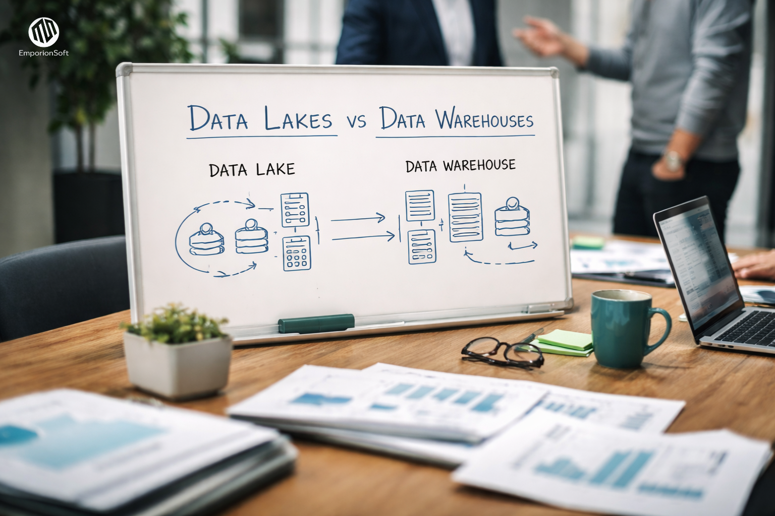 Diagram illustrating data lakes vs data warehouses and how businesses store and analyse structured and unstructured data