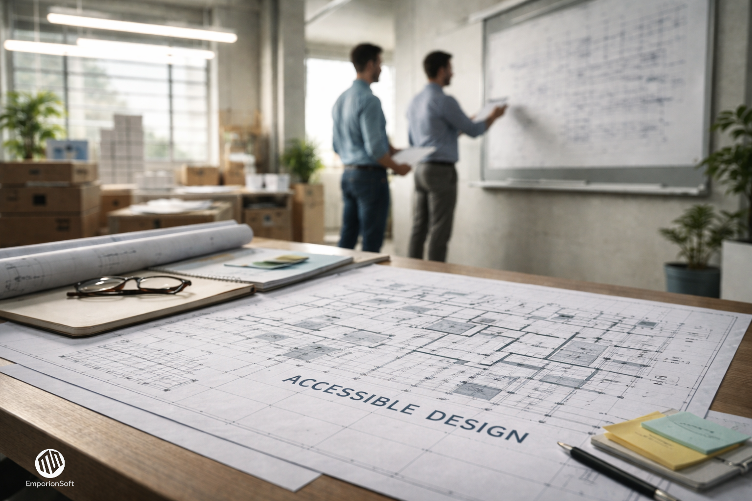 Design team reviewing interface layouts illustrating accessibility-first UX design principles for inclusive SaaS software