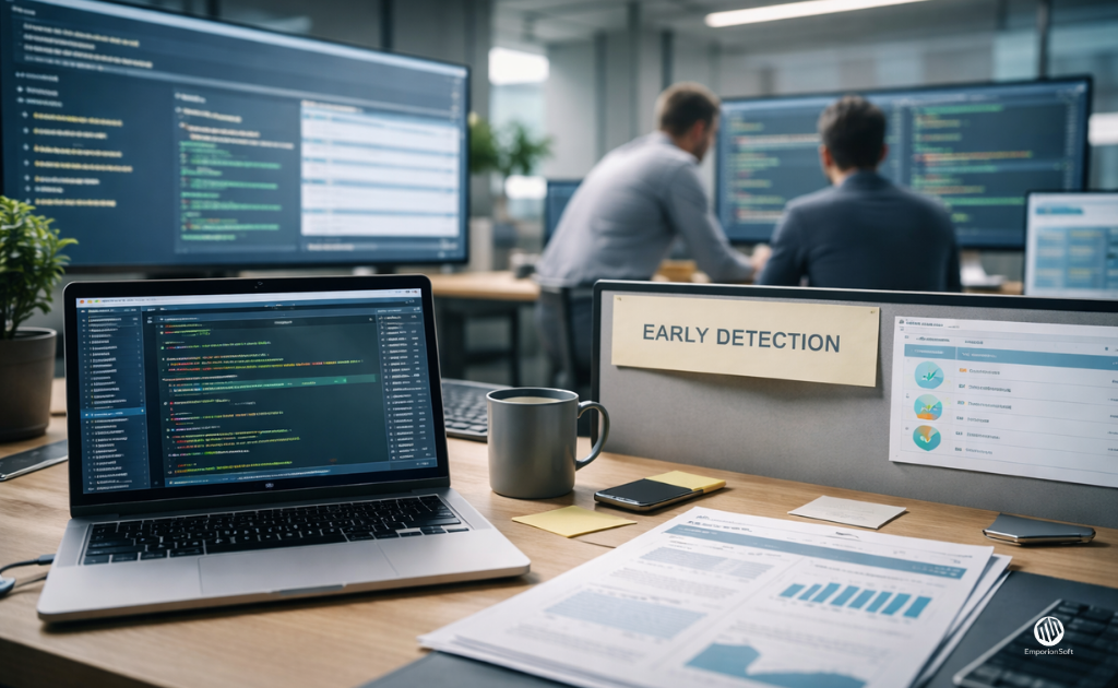 Development team reviewing code with early validation showing shift-left testing benefits in a CI pipeline environment
