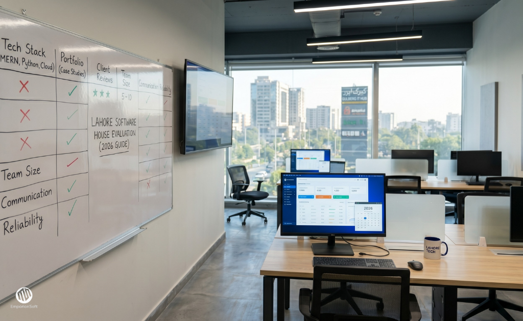 Comparison of systems representing a software house in Lahore selection process in a modern tech workspace
