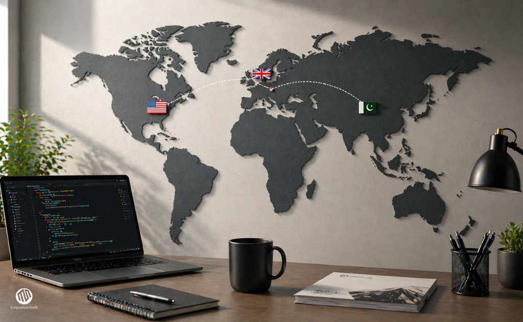 Office workspace representing outsource software development to Pakistan for UK and US companies