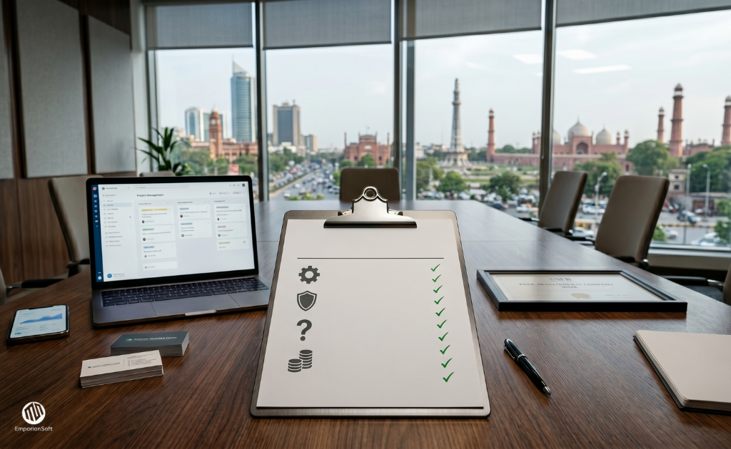 Business professionals reviewing a checklist of questions to ask software house Pakistan during a vendor evaluation meeting
