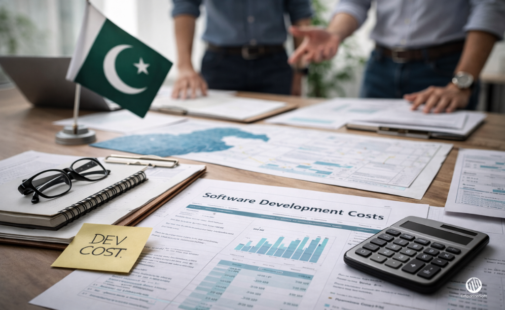 Workspace showing custom software development cost Pakistan planning with developers and system design discussion