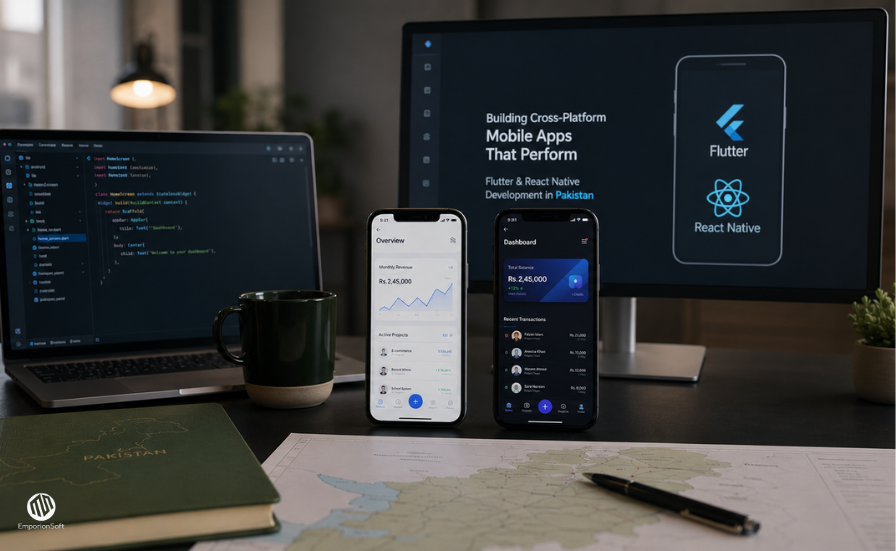 A technical comparison chart illustrating the React Native vs Flutter Pakistan 2026 mobile development landscape