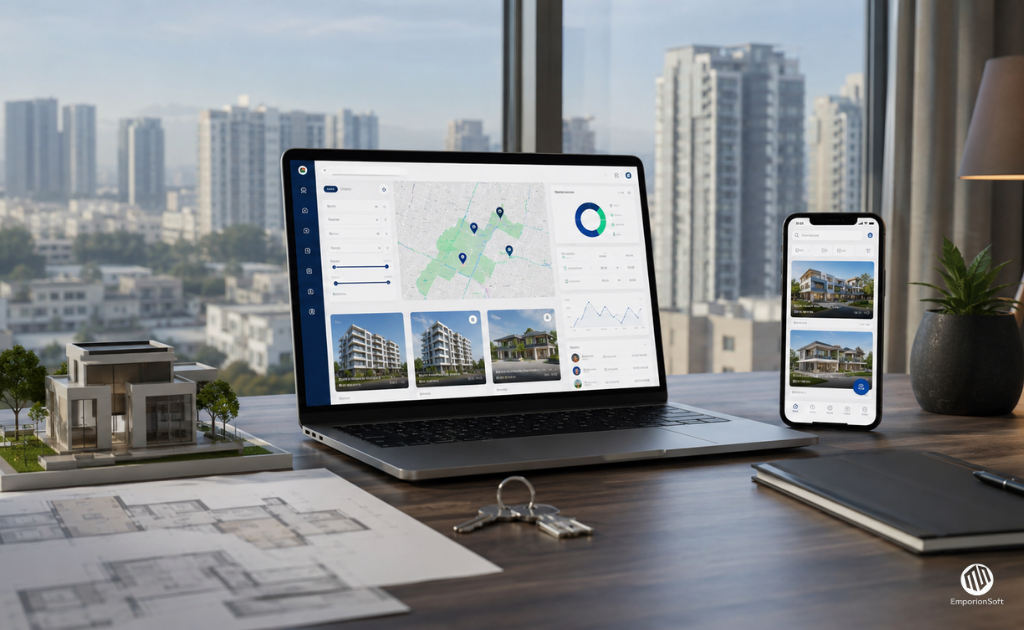 Real estate software development Pakistan dashboard showing property listings, maps and agent portal