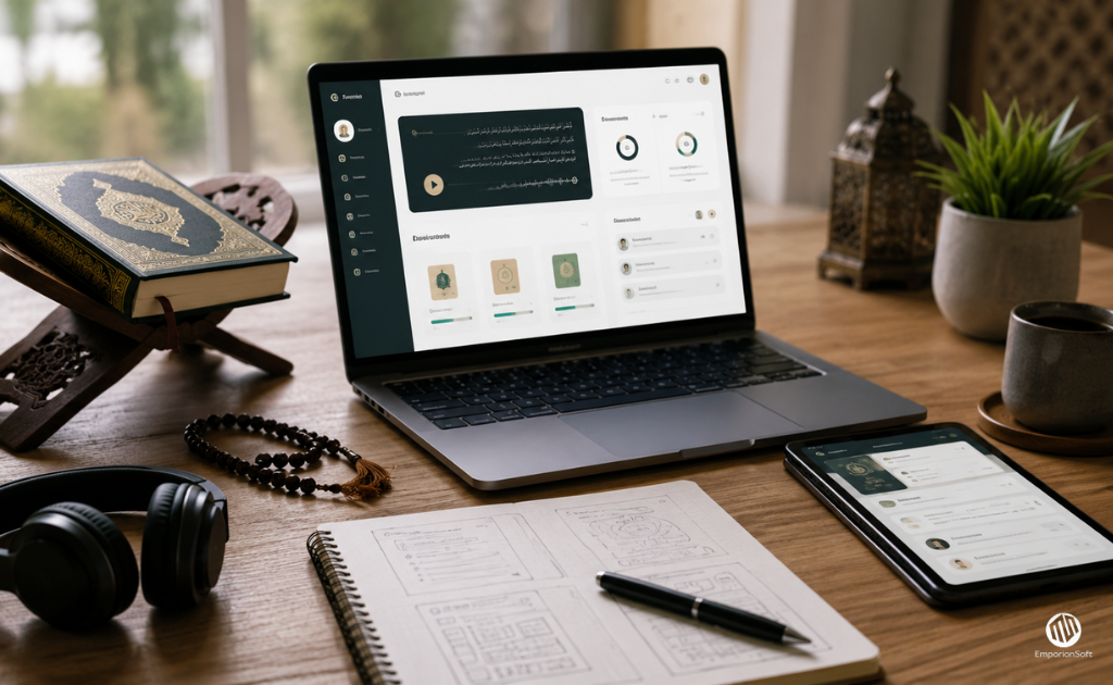 Islamic EdTech app development workspace showing a Quran learning platform on digital devices