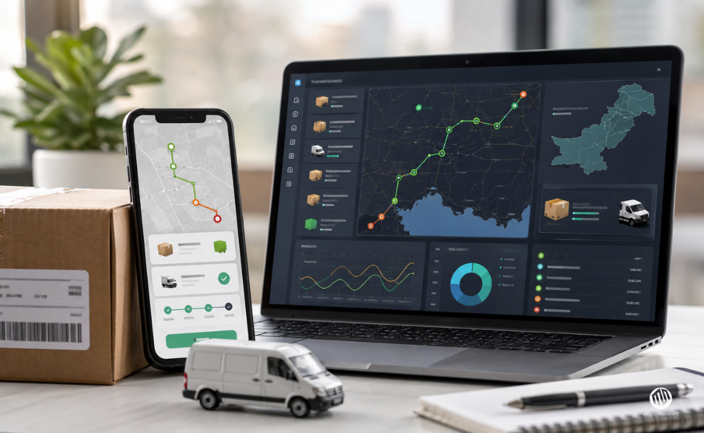 Logistics app development Pakistan dashboard showing parcel tracking, carrier jobs and delivery status