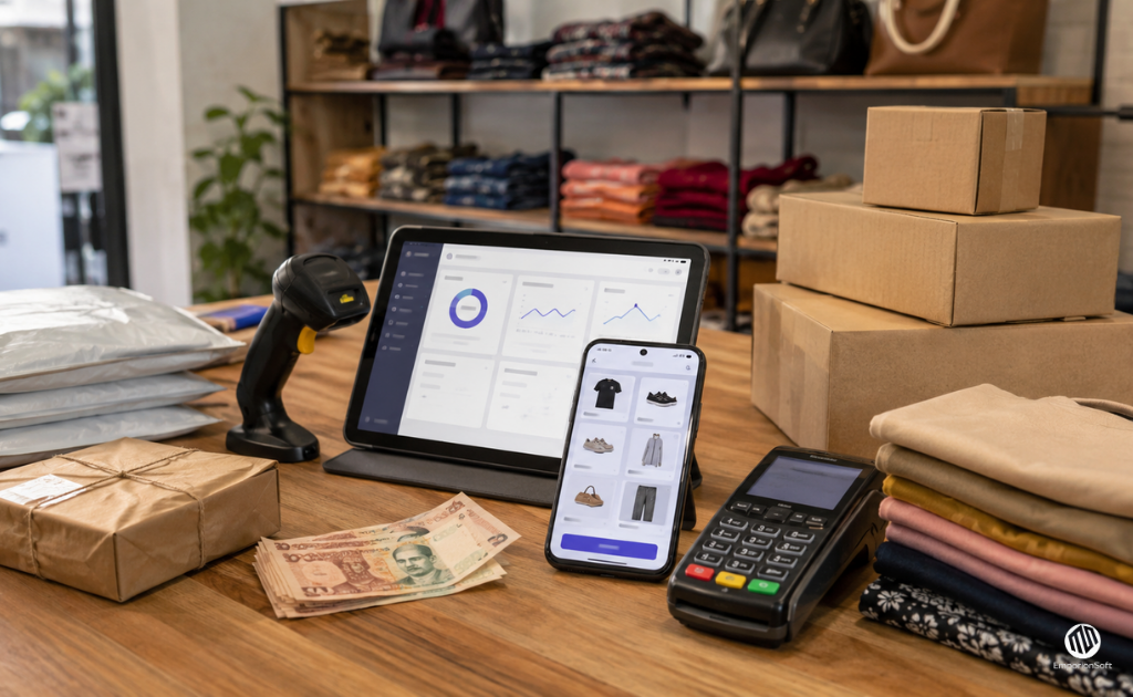 Retail workspace with parcels, folded clothing, payment tools and an ecommerce dashboard for a Pakistani online store.