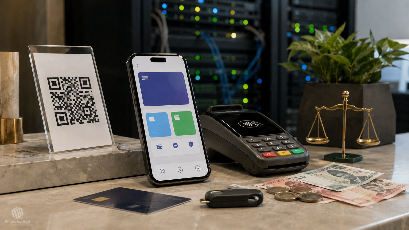 Fintech software development Pakistan scene with QR payments, card terminal, mobile wallet app and compliance workspace.