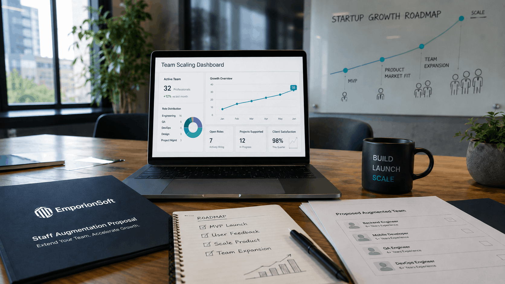 Staff augmentation for startups represented by a team scaling dashboard, growth roadmap and EmporionSoft proposal.